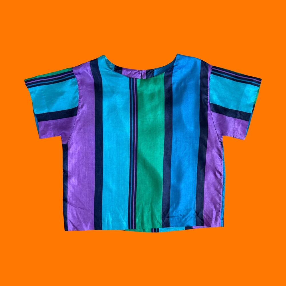 80's 90's vintage striped silky boxy top S/M